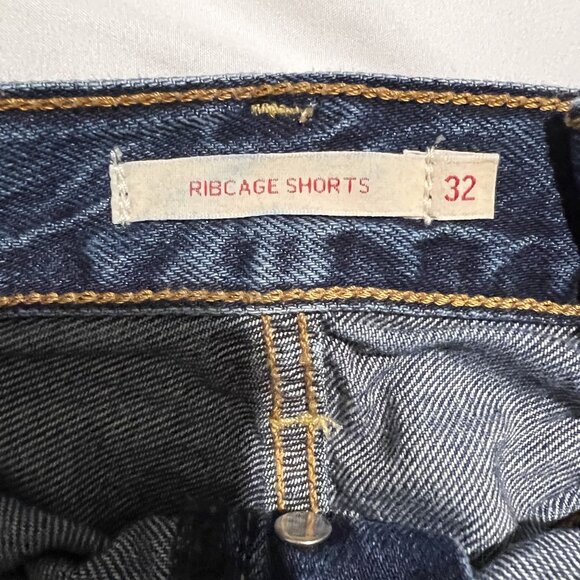 Levis Premium Ribcage Shorts Denim High-Waisted Frayed Hem Women's Blue Cotton C - Picture 4 of 10